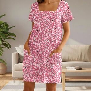 Pink Floral Square-Neck Dress or Tunic with Pockets